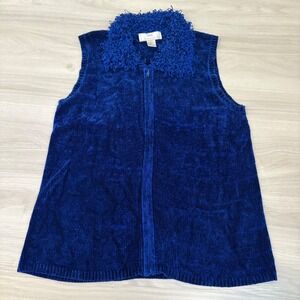Lisa International Chenille Knit Zip Front Vest Cobalt Blue Faux Fur Collar XL